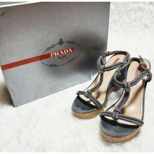 Prada Denim Blue Suede Strappy Knot Espadrille Wedge Sandals, Size EU 38/US 7.5